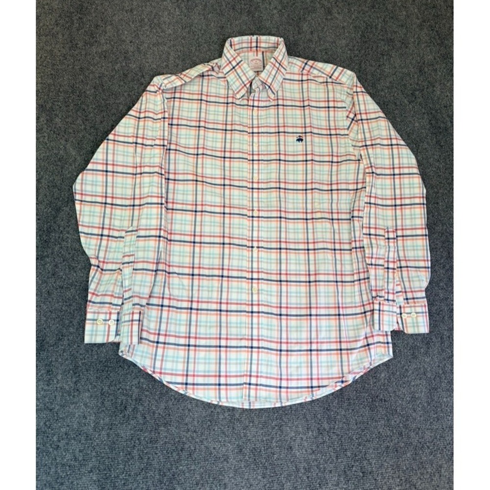 Brooks Brothers 346 Mens  Non-Iron White Blue Red Plaid Button Down Shirt Size M